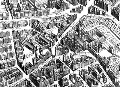 Sainte-Genevièven alue, Pariisi, yksityiskohta Pariisin suunnitelmasta, joka tunnetaan nimellä Plan de Turgot, kaiverrus Claude Lucas, 1734-39 kaiverrus yksityiskohta numerosta 233535 tekijältä Louis Bretez